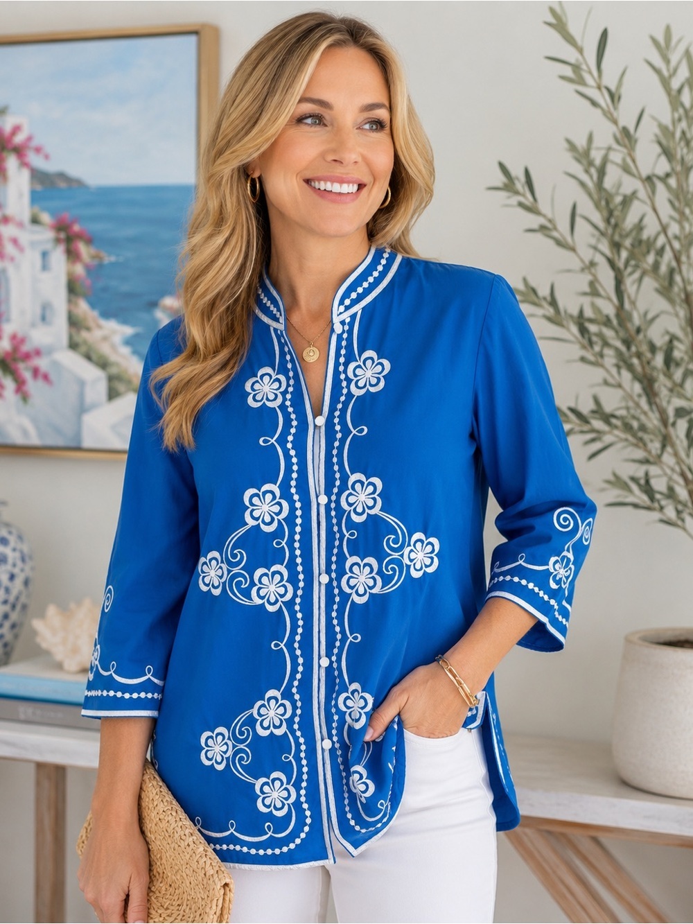 Vintage Caro of Honolulu Embroidered Blue Floral Button-Up Top size 12